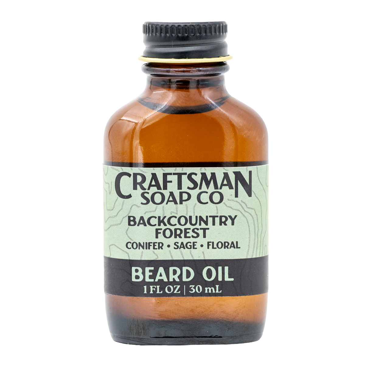 One ounce beard oil in oblong amber glass bottle, with black lid and green and black label with a topographic motif. 