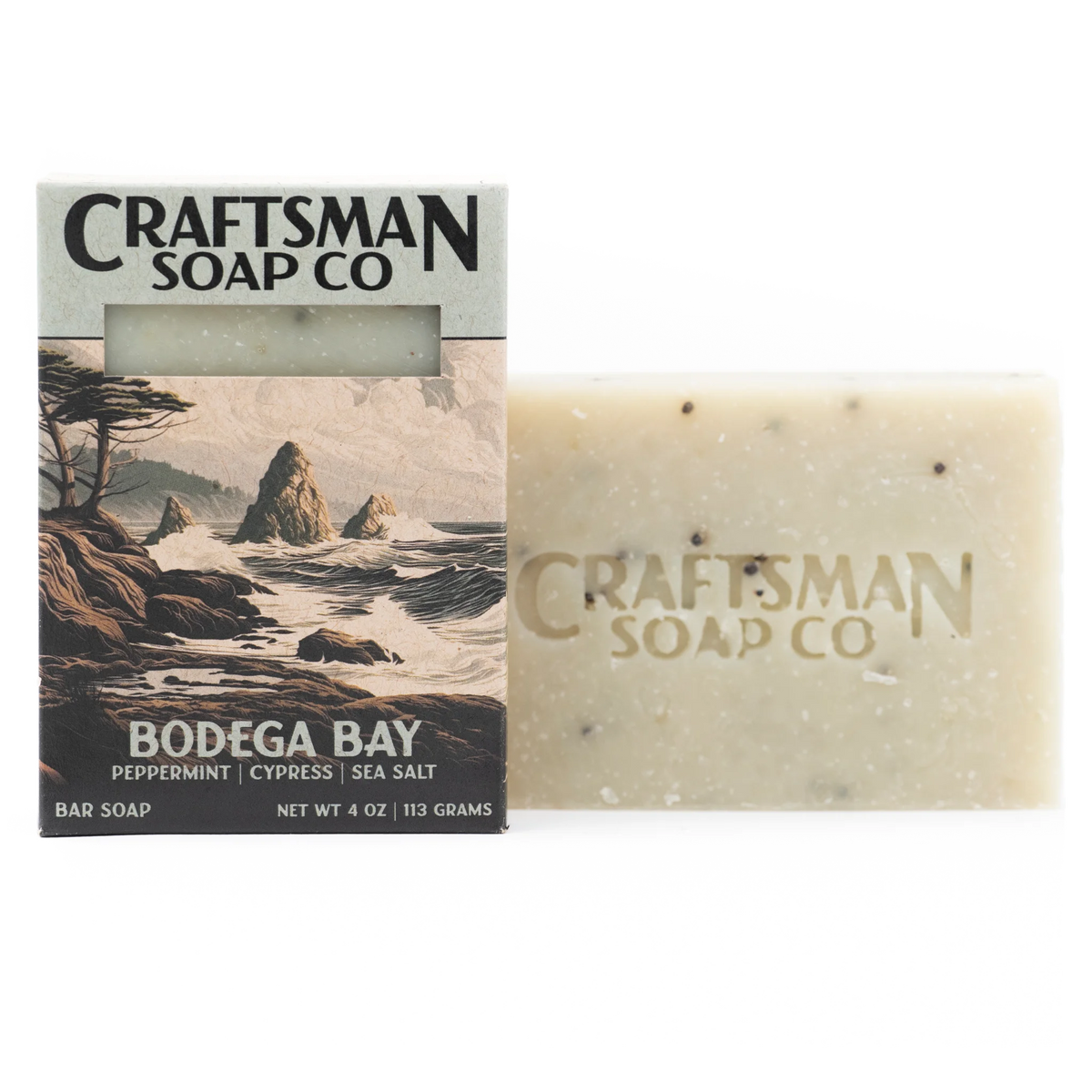 Craftsman Soap Co. Bodega Bay bar soap shown next to its illustrated packaging box on a plain white background.