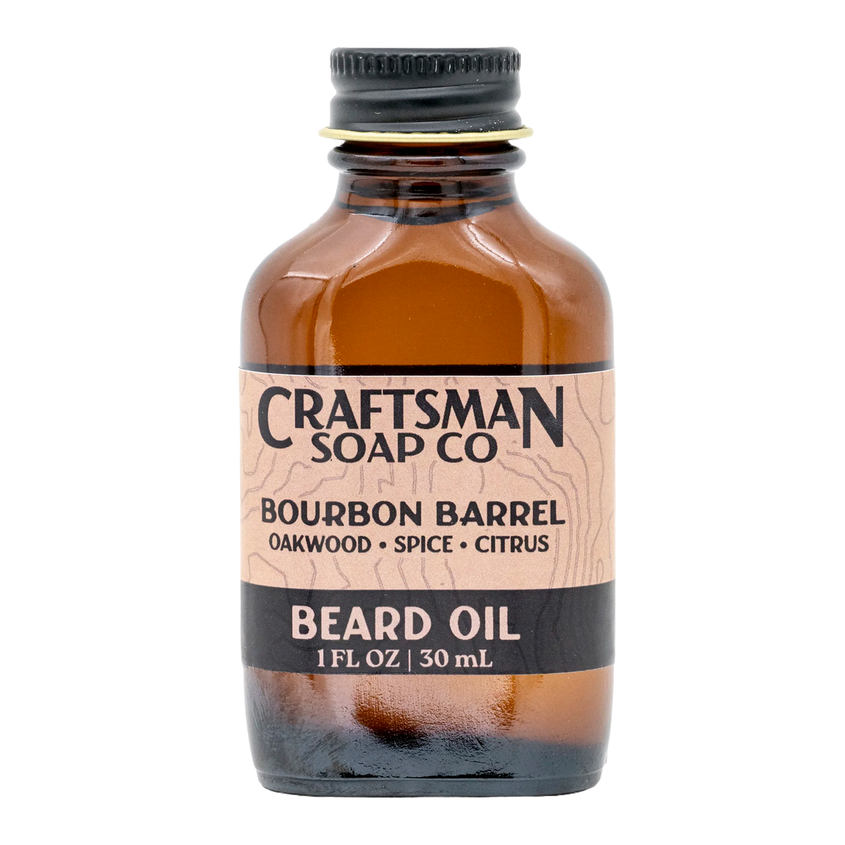 beard oil in amber glass bottle with gold rimmed black cap, with a black and amber label featuring topo motif. 
