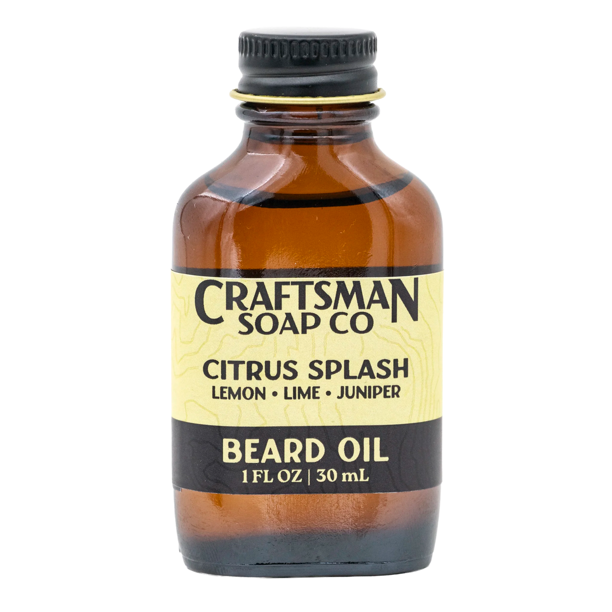 Citrus beard oil in amber glass bottle with black cap, lime-yellow and black label on one ounce size flask bottle.