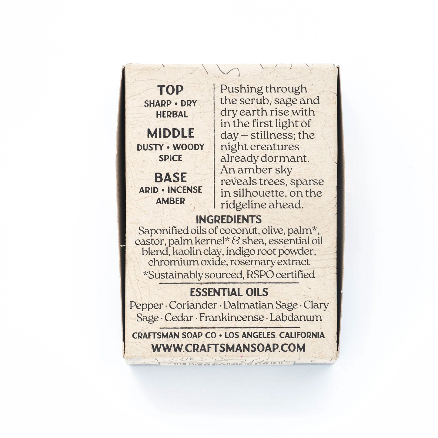 High Desert cold process soap back label, Craftsman Soap Co, scent notes and essential oil ingredients, clary sage dalmatian sage cedar labdanum pepper blend, natural oils