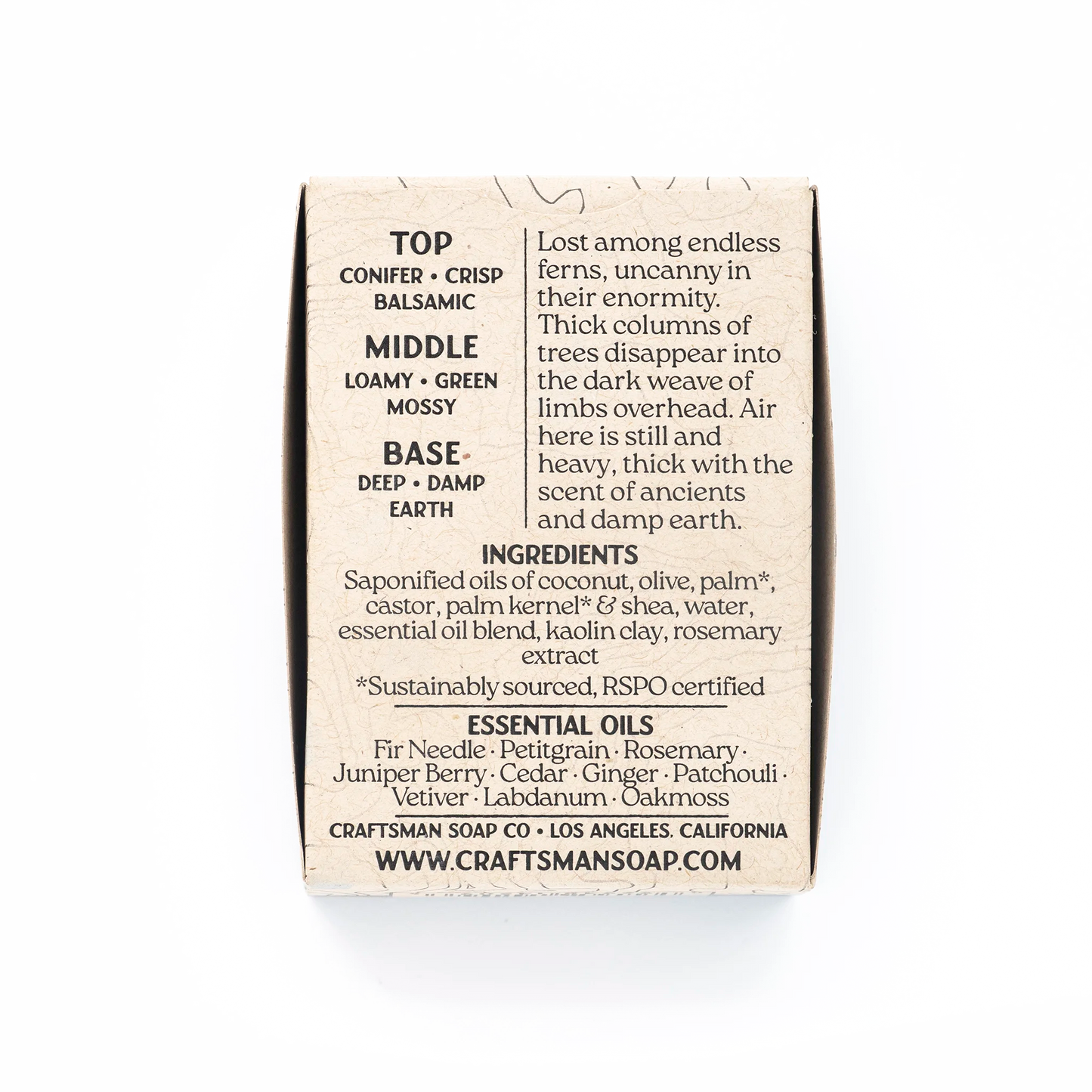 Muir Woods cold process soap back label, Craftsman Soap Co, scent notes and essential oil ingredients, cedar patchouli fir old growth redwood blend, natural oils