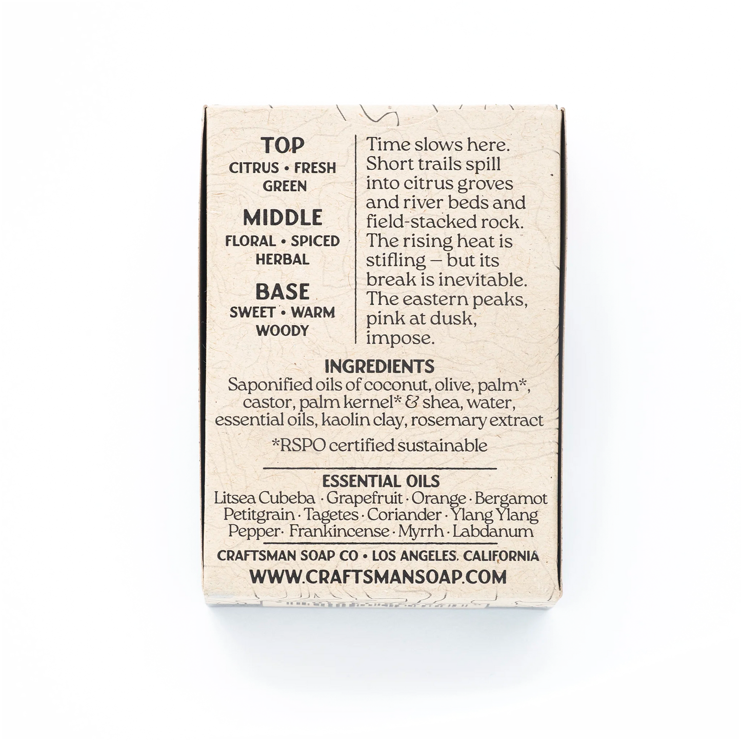 Ojai cold process soap back label, Craftsman Soap Co, scent notes and essential oil ingredients, orange citrus spice floral blend, natural oils