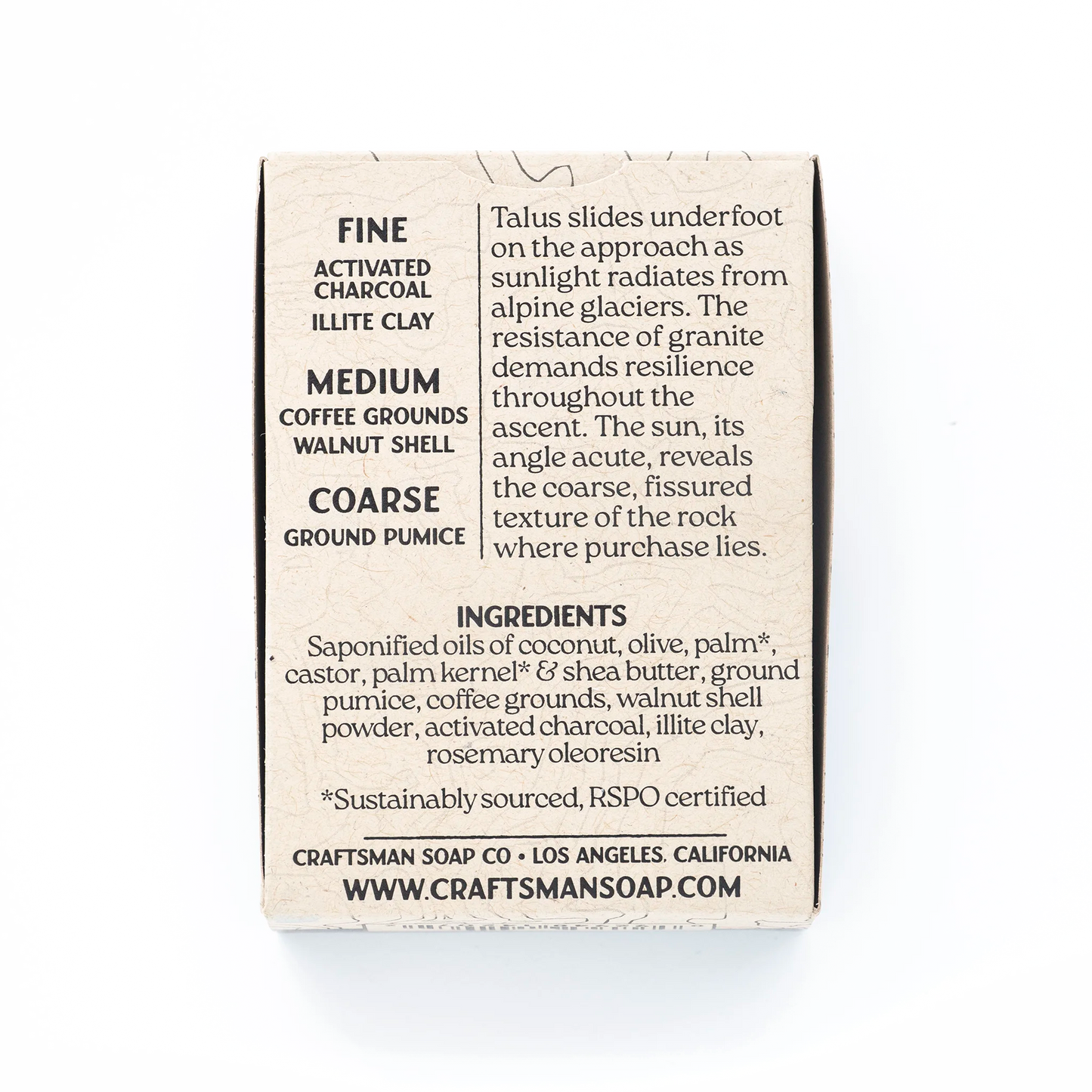 Rough Stuff exfoliating soap back label, Craftsman Soap Co, unscented scrub ingredients, pumice coffee grounds activated charcoal walnut shell illite clay, natural oils
