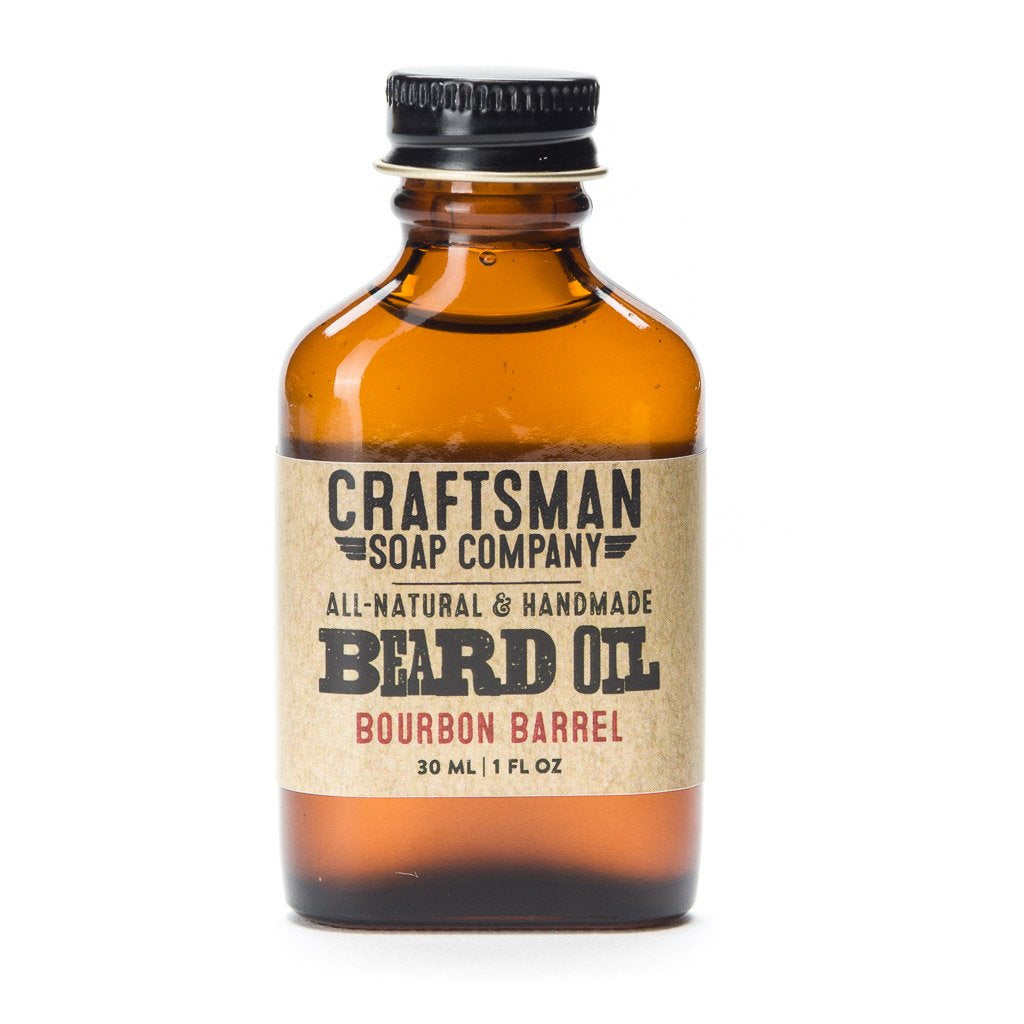 Craftsman Soap Company Bourbon Barrel Beard Oil in amber glass bottle, essential oils only, handmade Los Angeles